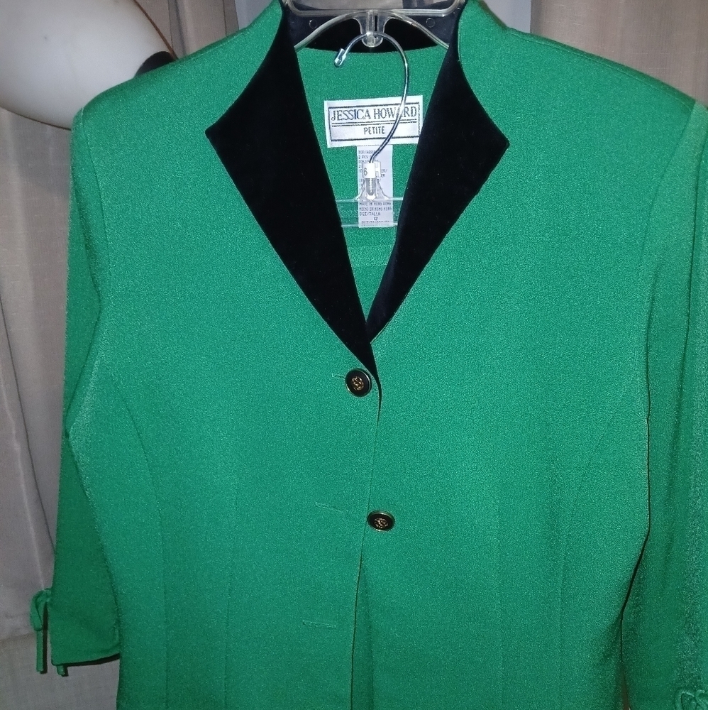 Beautiful Green Skirt and Jacket Set with black around neckline.